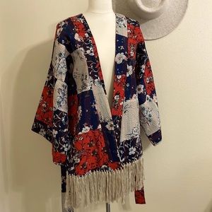 Free People Cherry Blossom Patchwork Kimono Duster Fringed Tie Waist One Size